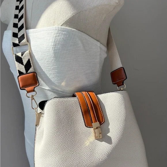 Elegant White and Brown Shoulder Bag with geometric strap - Picture 11 of 14